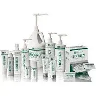 A group of biofreeze products are sitting on top of each other on a table.
