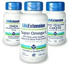 Three bottles of life extension super omega 3 epa / dha with sesame oil , argans & olive fruit extract.
