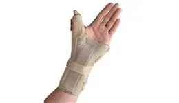 A person is wearing a wrist and thumb brace.