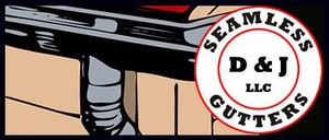 Logo for D & J Seamless Gutters. Shows a gutter and downspout with the company logo on the right.
