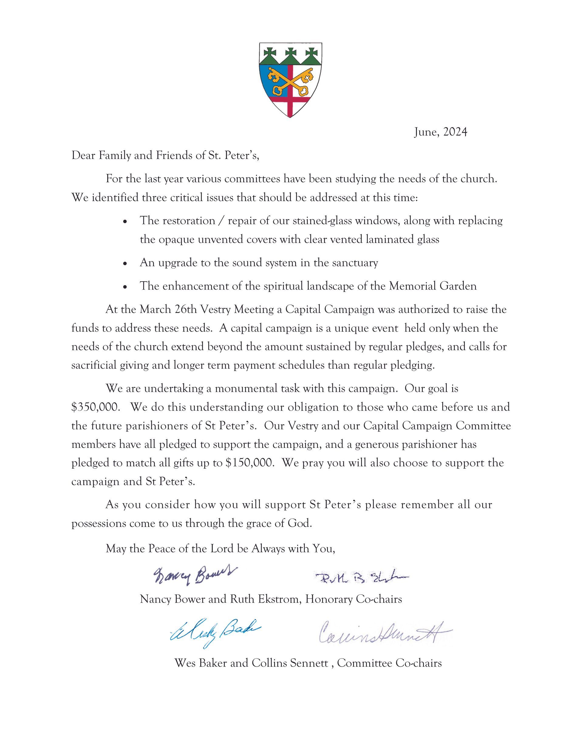 Letter with a crest at the top. Text discusses support and appreciation. Two signatures at the bottom.