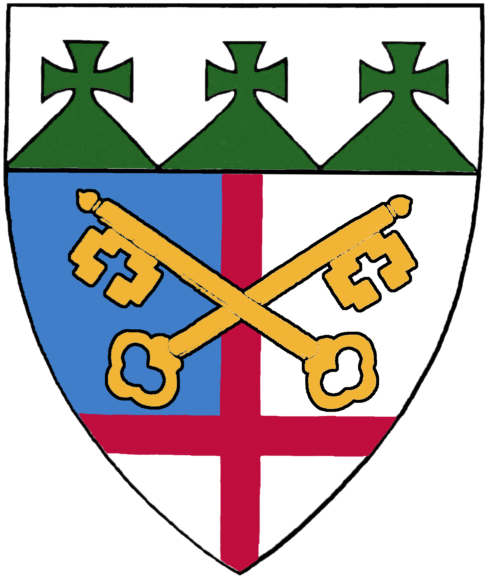 Shield with three green crosses over a blue and white field with crossed gold keys and a red cross.