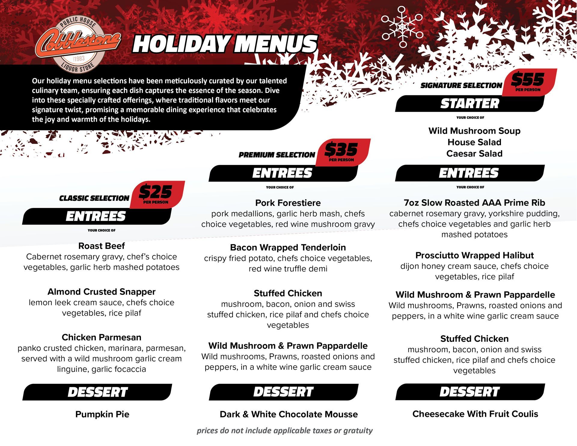 A holiday menu for a restaurant with a red background and snowflakes on it.