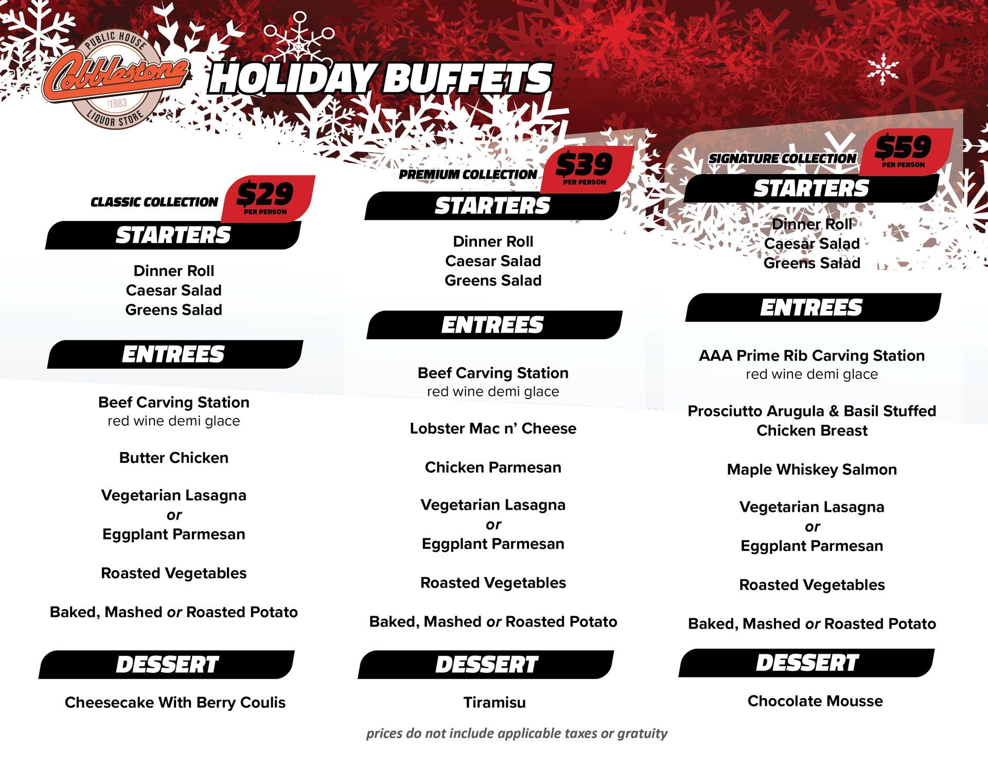 A menu for a restaurant called holiday buffets