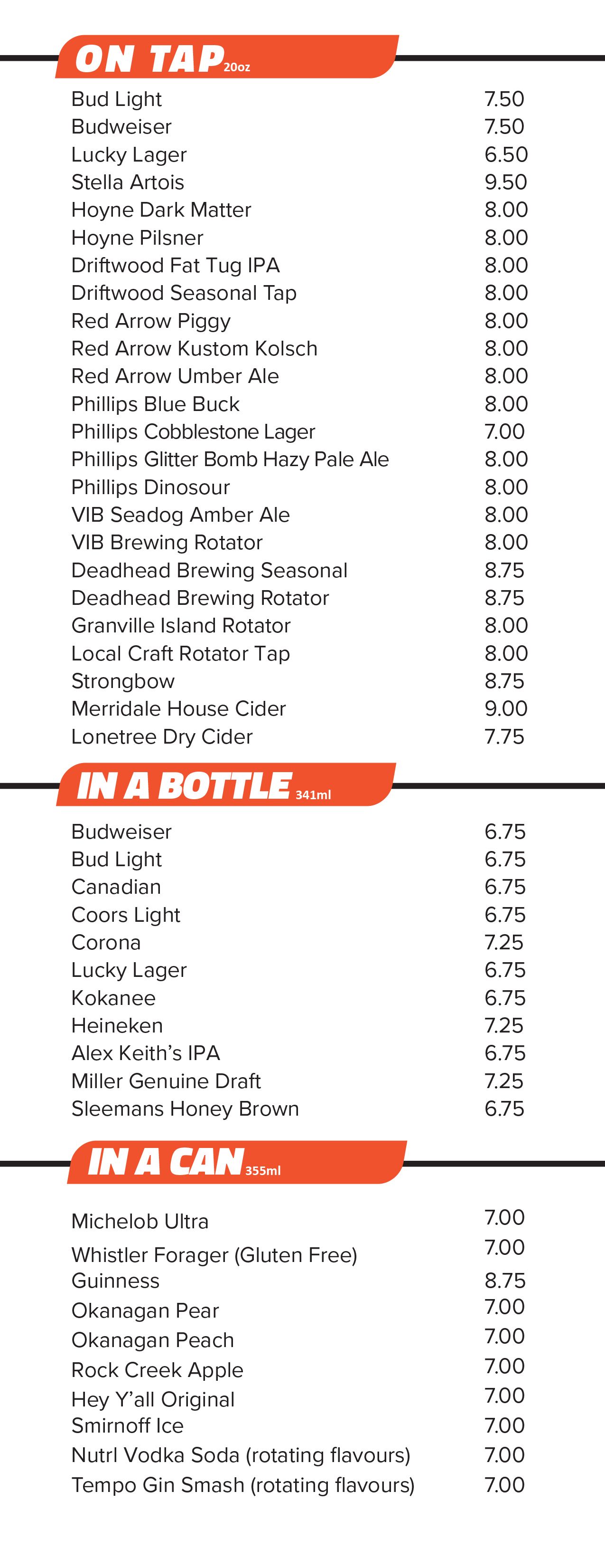 A menu for a restaurant shows a list of drinks and bottles.