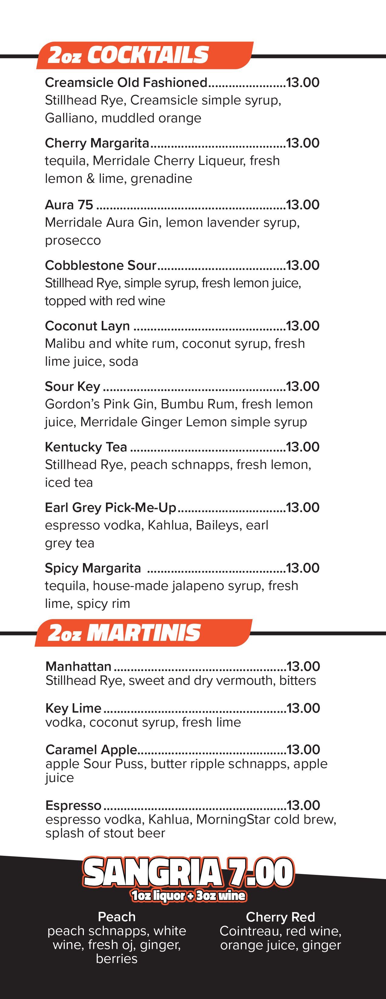 A menu for a restaurant shows a variety of cocktails.