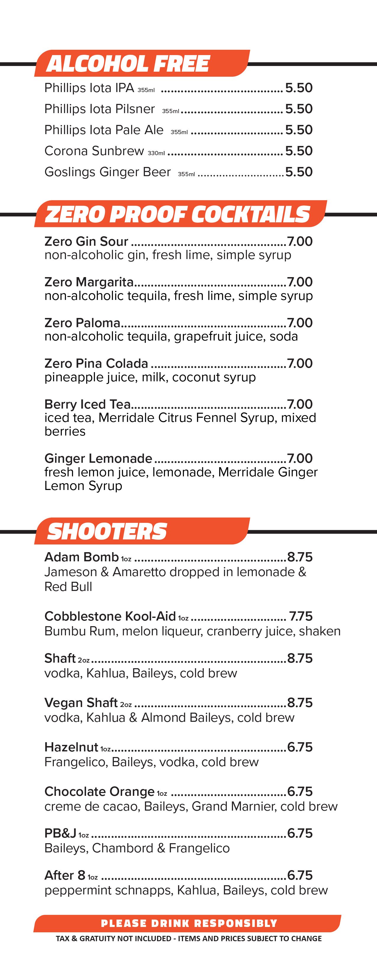 A menu for a restaurant shows alcohol , zero proof cocktails , and shooters.