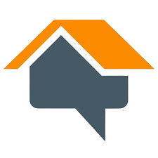 Gray speech bubble with an orange house roof on top, suggesting real estate communication.