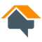 Orange roof over a gray speech bubble in the shape of a house.
