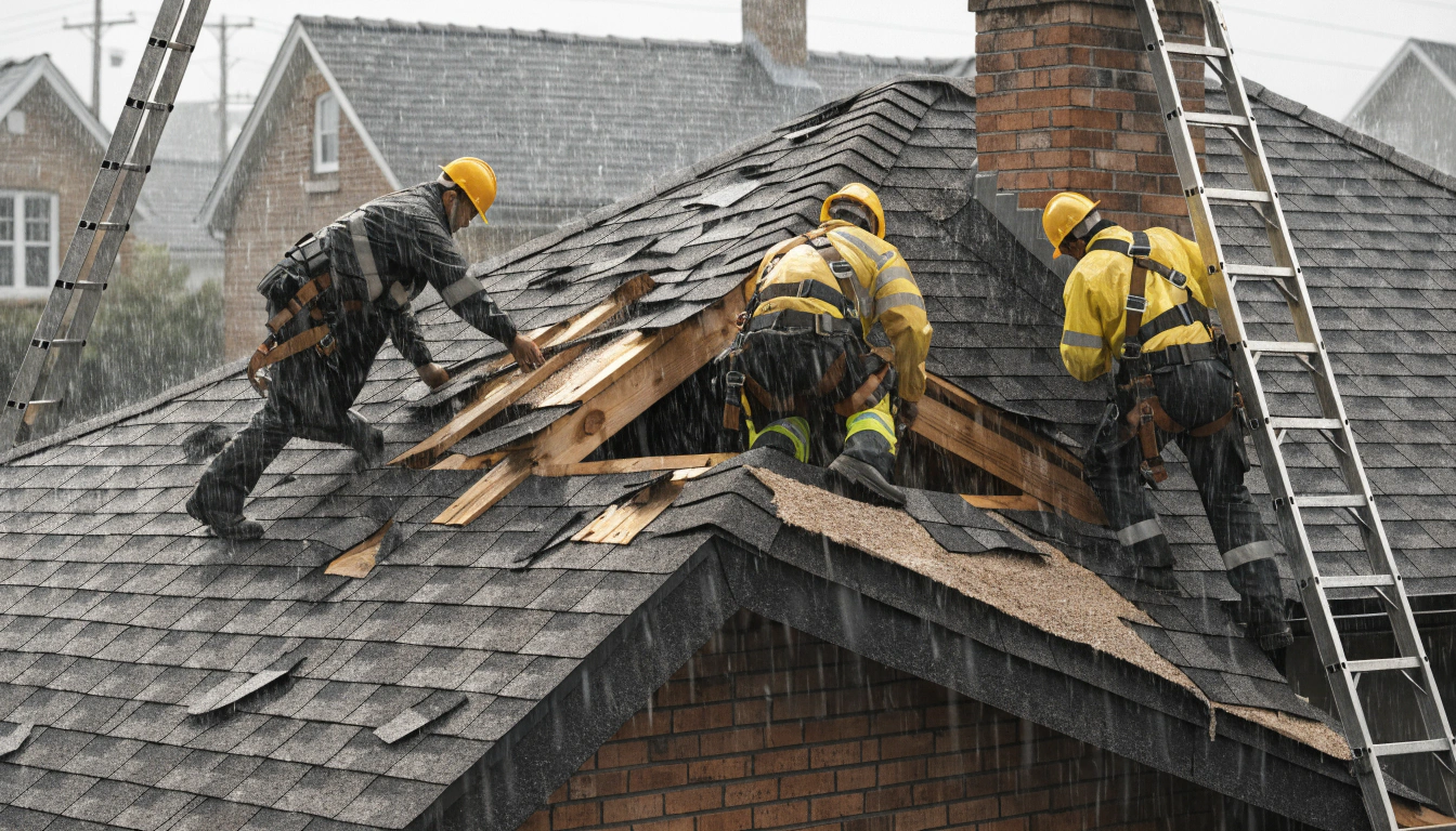 Roofers in yellow safety vests repair a roof in the rain, using ladders and tools.