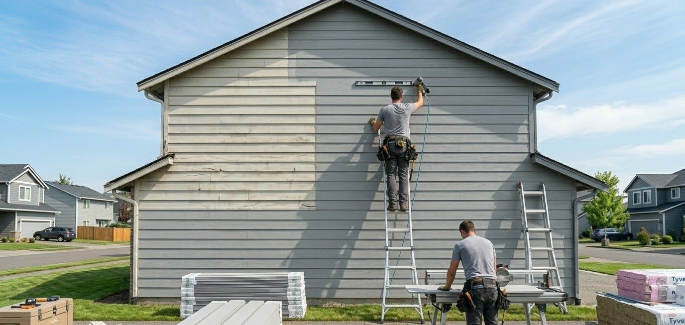 Two workers siding a house; one on a ladder, one at a saw. Gray siding, clear sky.