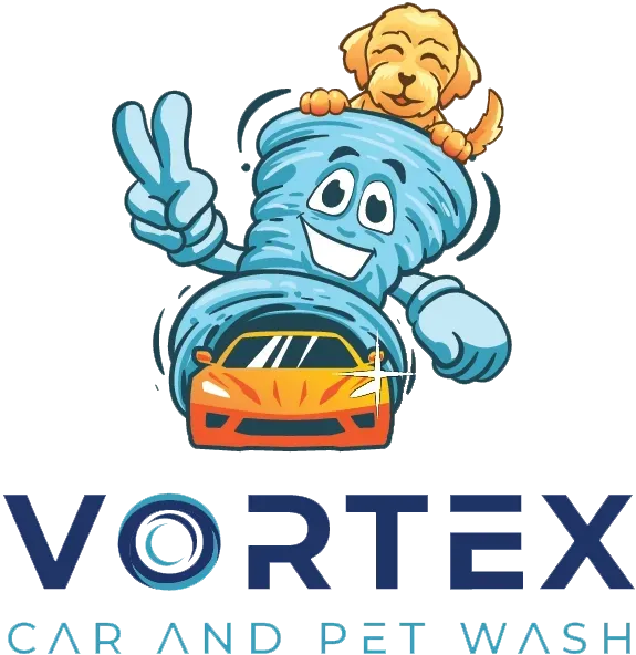 Cartoon tornado giving peace sign, washing orange car; dog on top. Text 