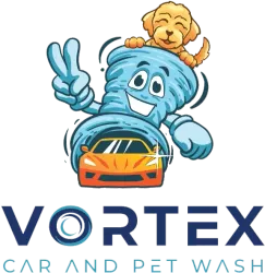 Cartoon tornado washing an orange car, with a dog on top. Text reads "VORTEX Car and Pet Wash".