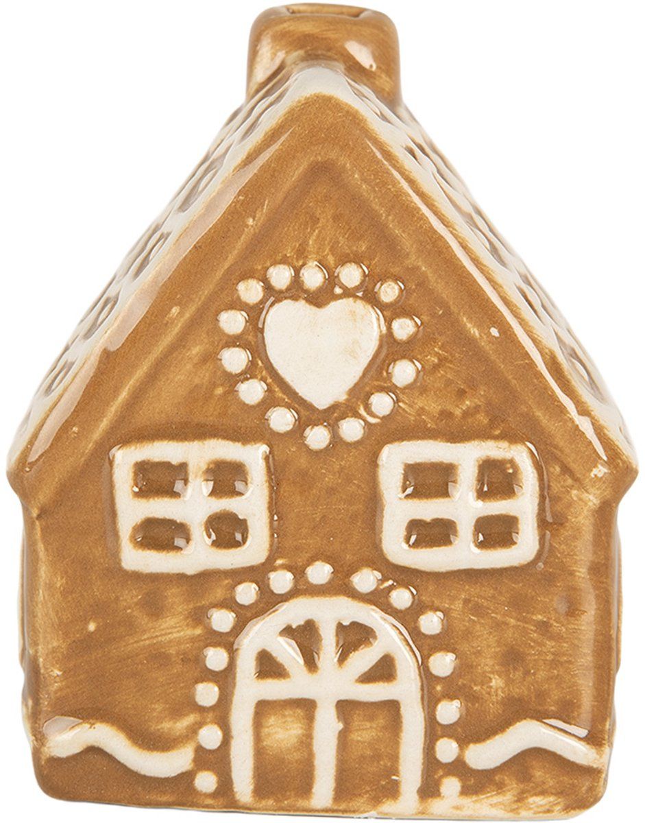 Bruin peperkoekhuisje als decoratie, met witte glazuurdetails en een hartje boven de deur.