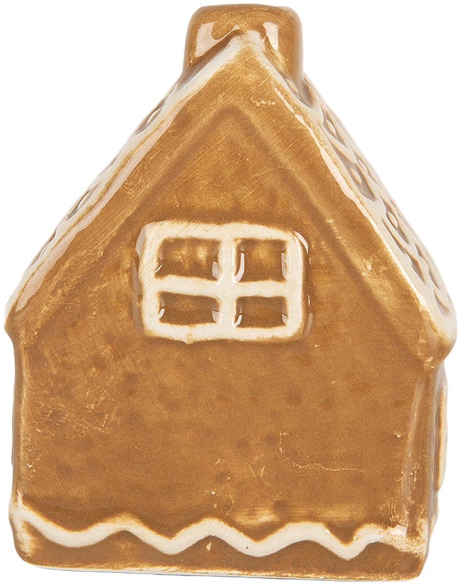 Bruin peperkoekhuisje als decoratie, met witte glazuurdetails en een hartje boven de deur.
