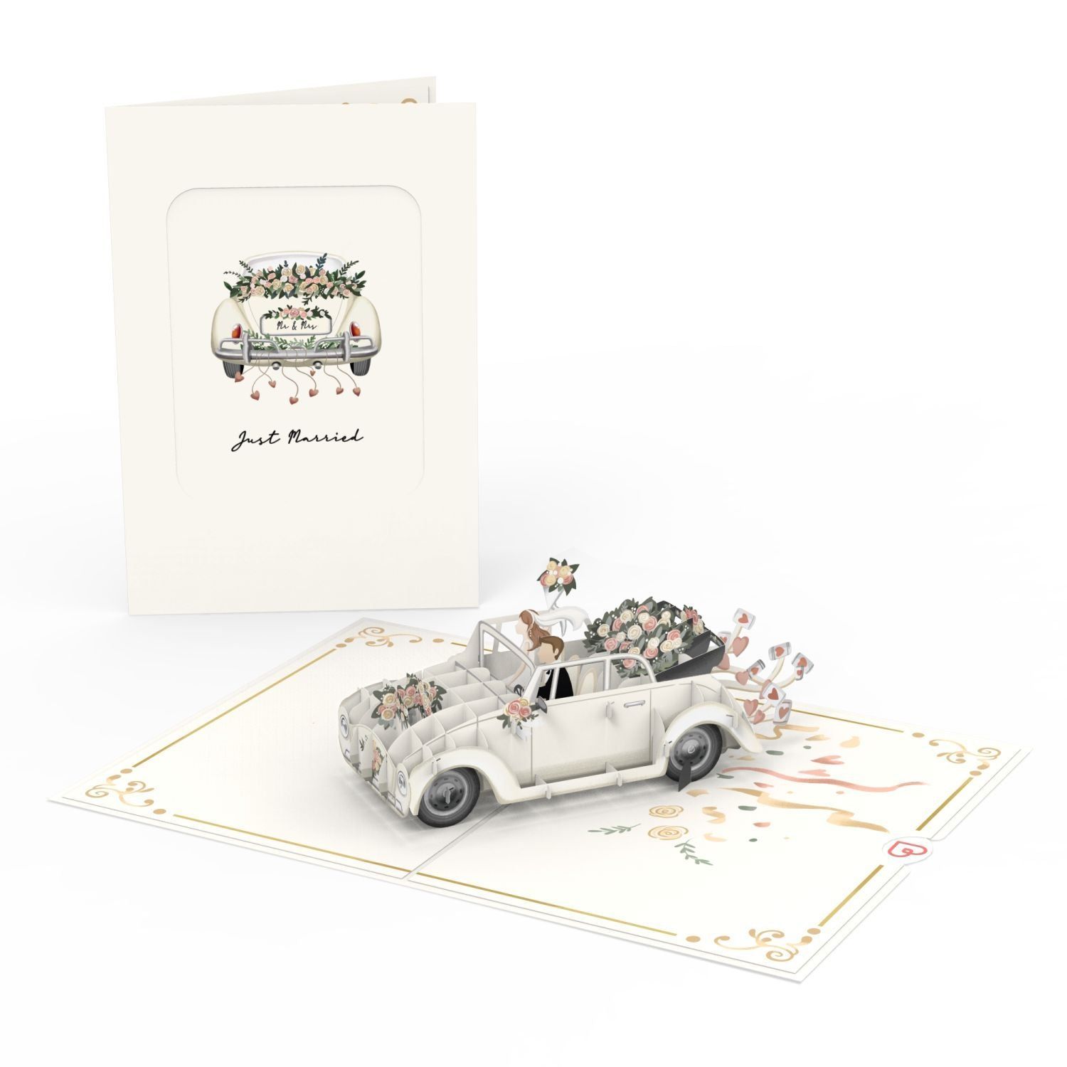 Een witte vintage trouwauto versierd met bloemen en linten op een wenskaart, met de tekst
