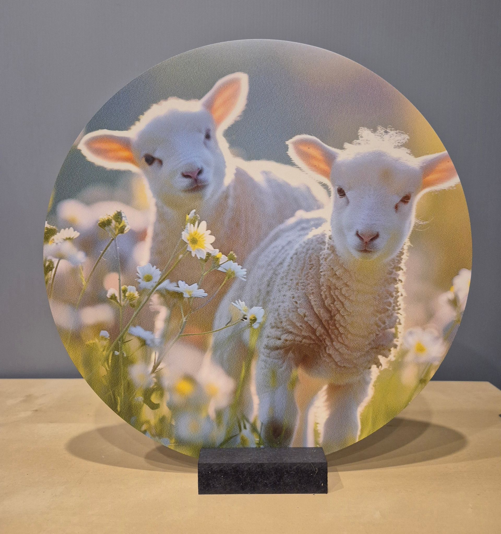 Twee lammetjes in een bloemenveld op een ronde decoratieve plaquette.