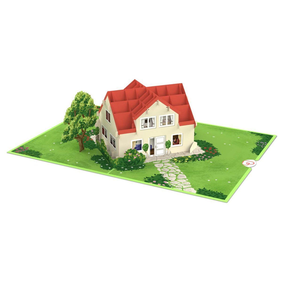 Klein crèmekleurig huis met rood dak, voortuin, stenen pad en een grote boom op het gazon.