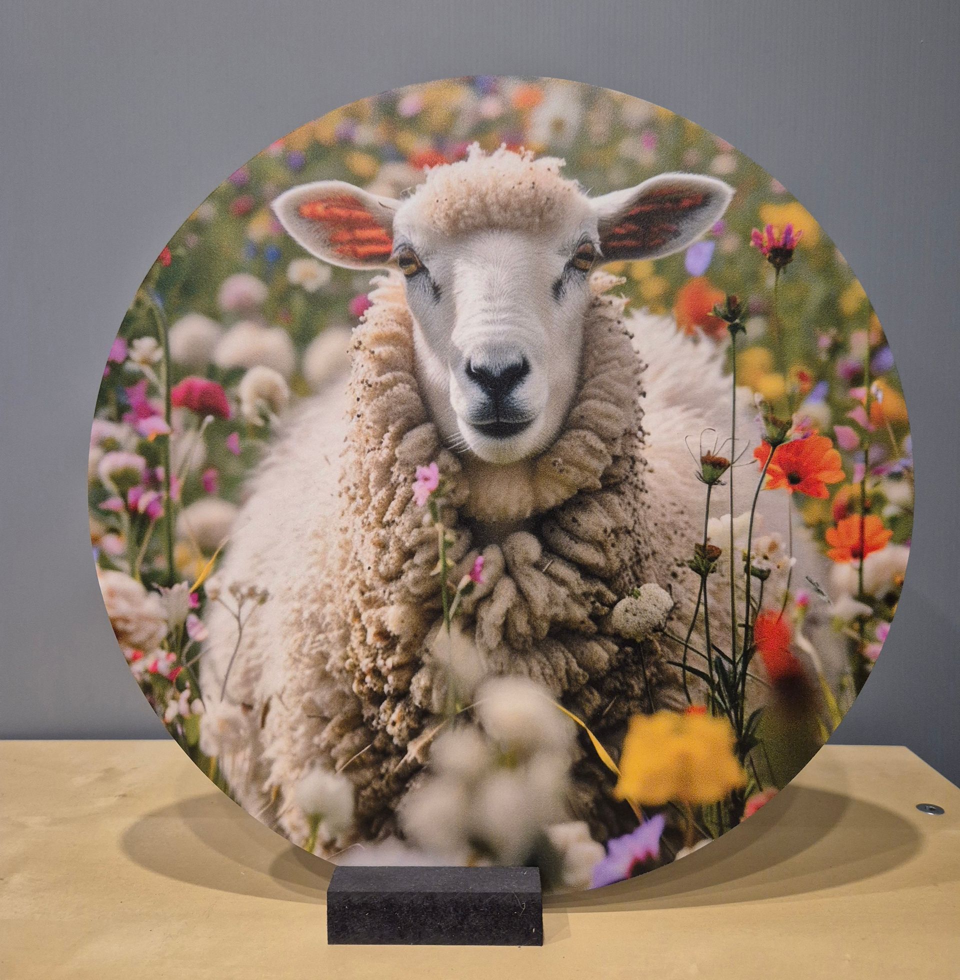 Een schaap afgebeeld op een ronde plaquette, omringd door kleurrijke wilde bloemen.