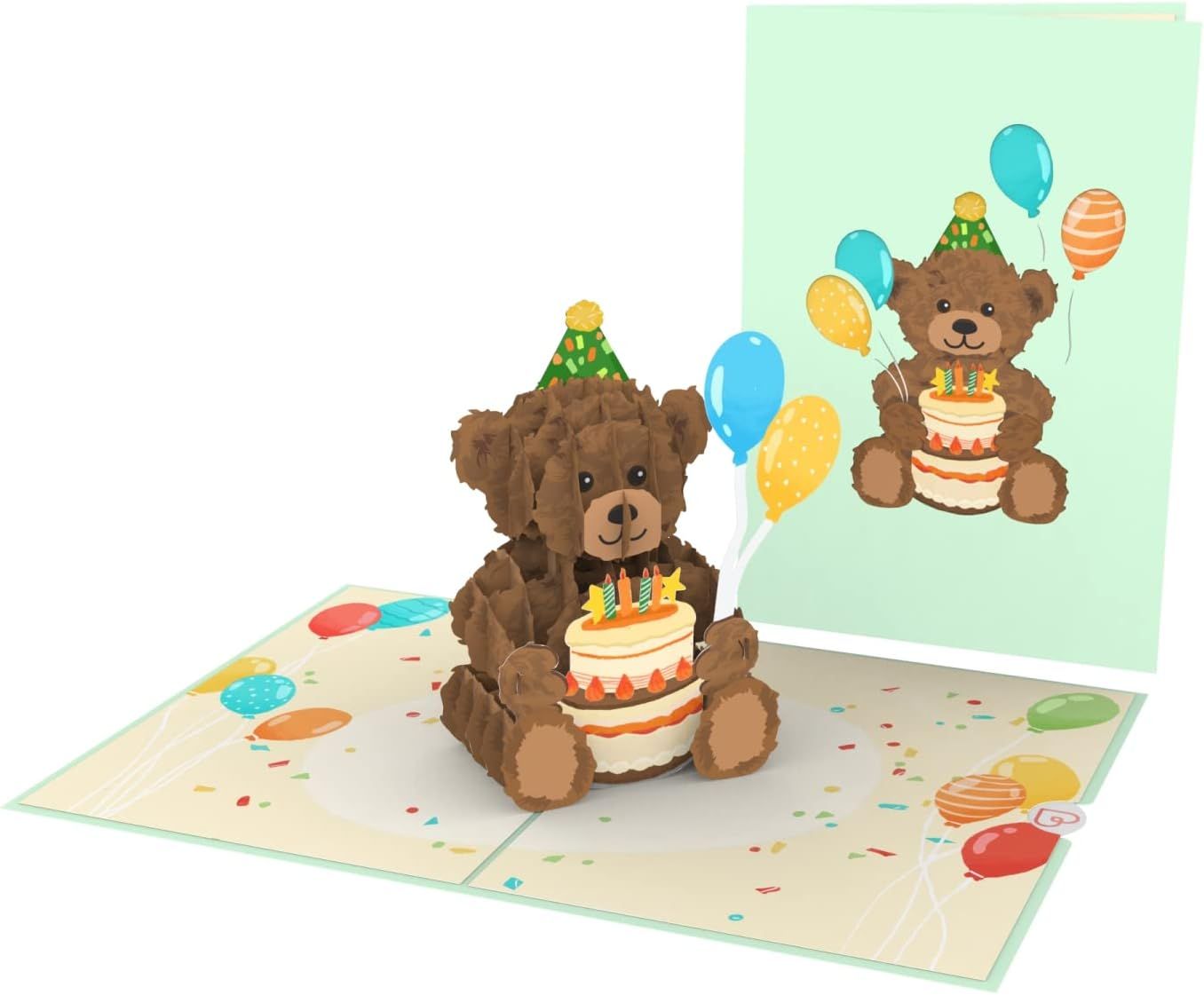 3D-teddybeer met verjaardagstaart en ballonnen op een pastelkleurige kartonnen achtergrond