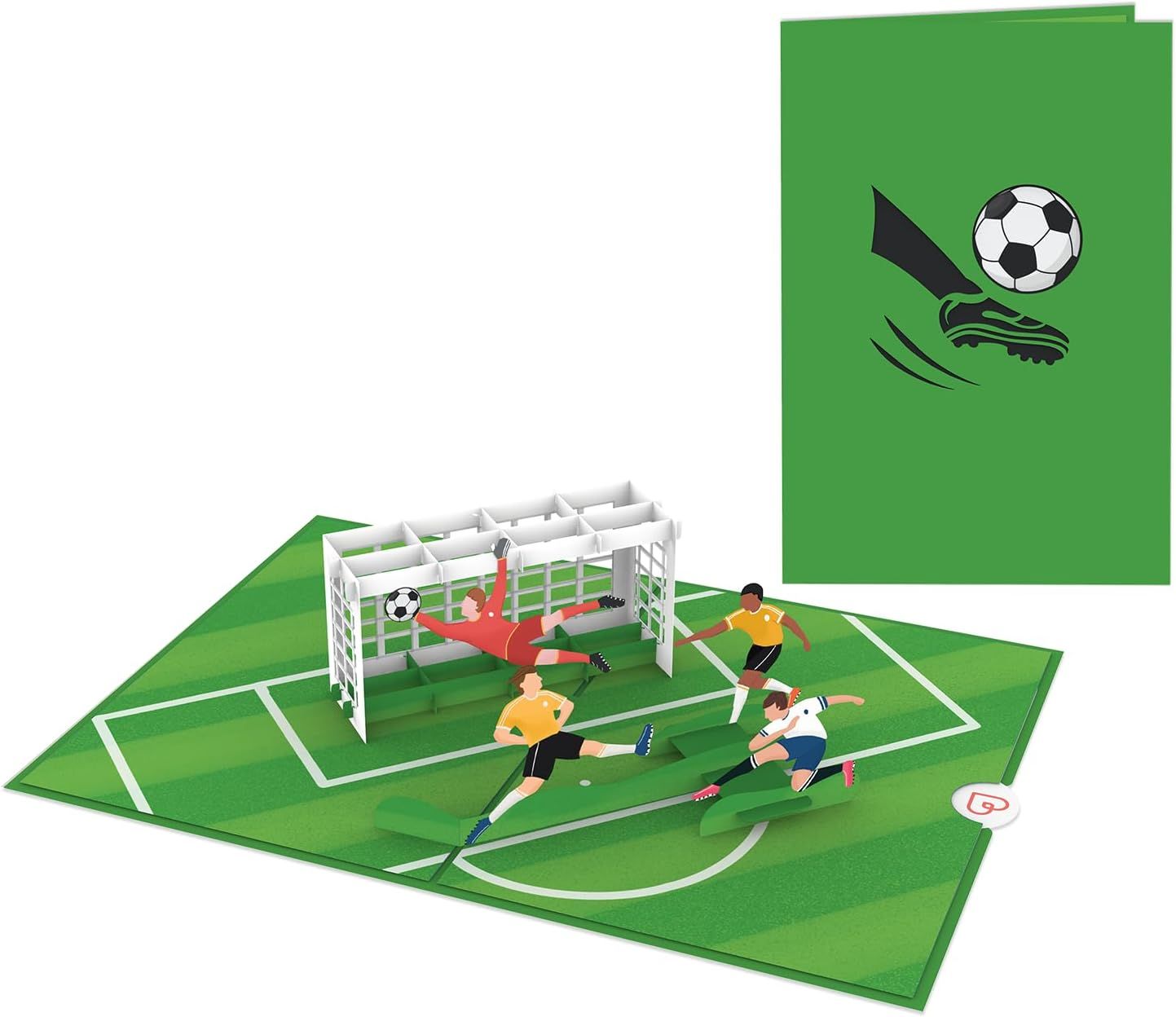 Mini voetbal pop-up kaart met spelers, doel en bal op een groen veld.