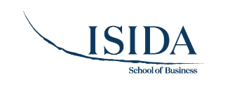 Logo della ISIDA School of Business con testo blu e una linea curva blu.
