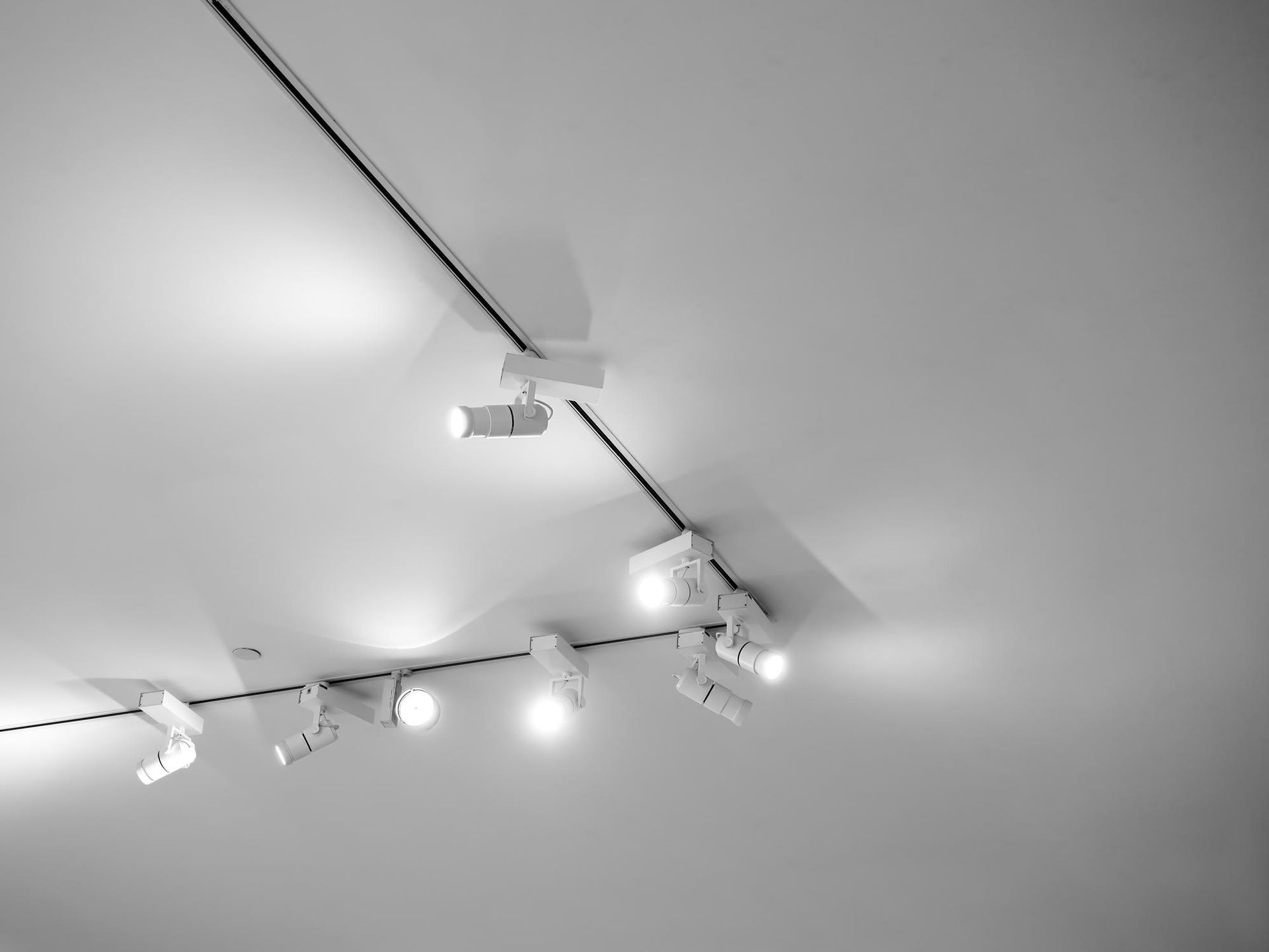 A bunch of lights are hanging from the ceiling