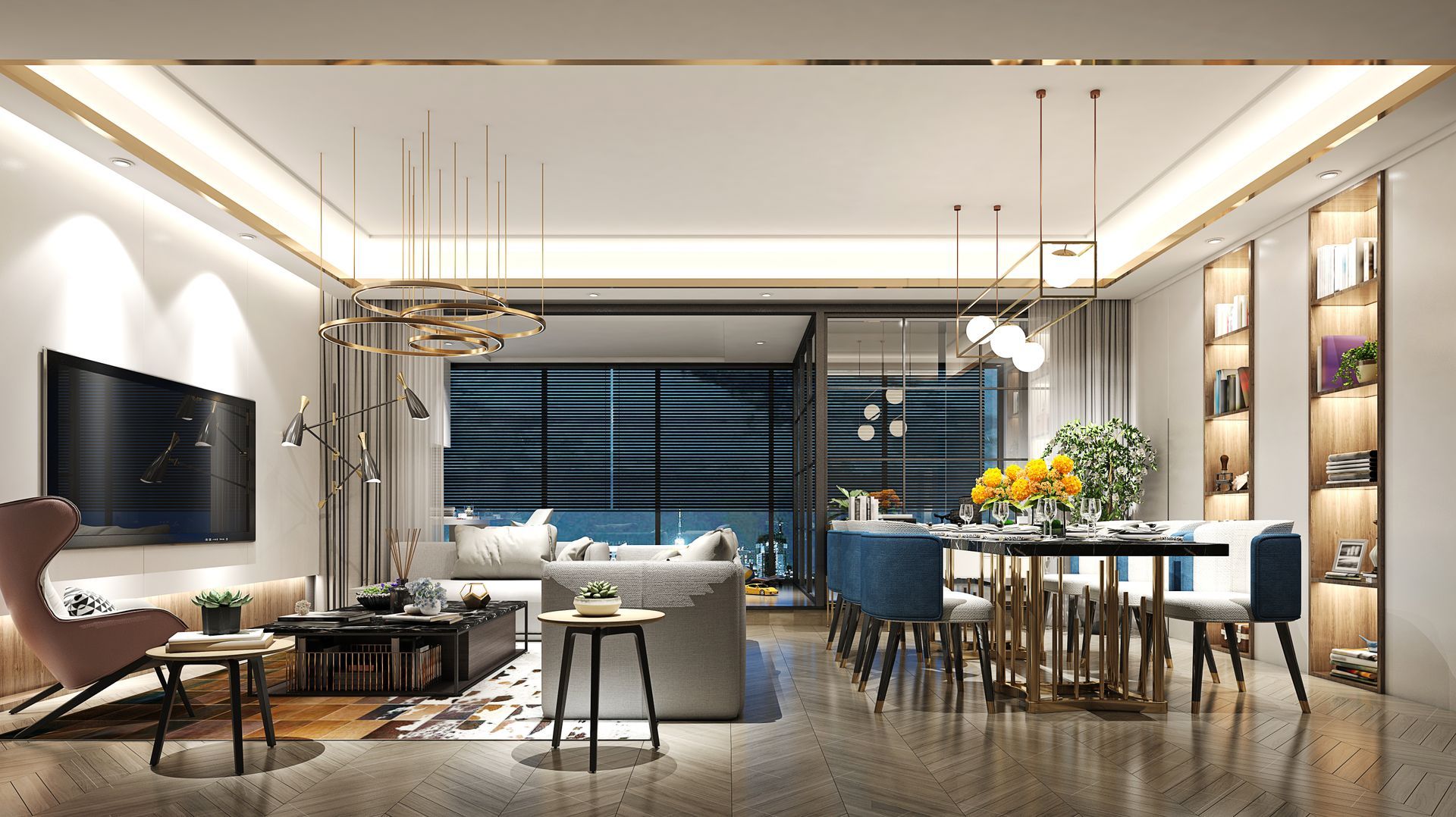 Modern living and dining area with a view; neutral colors, a large TV, and stylish furniture.