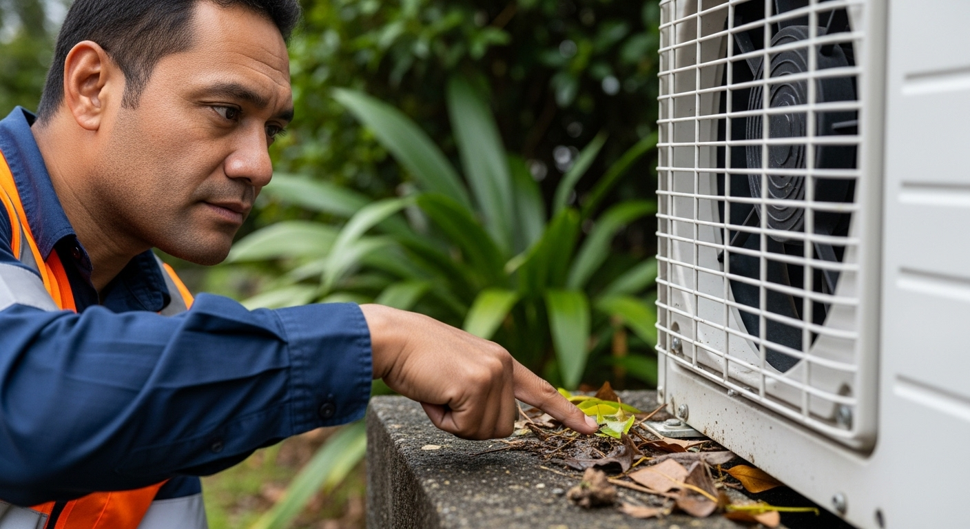 Man clearing away debris from heat pump 