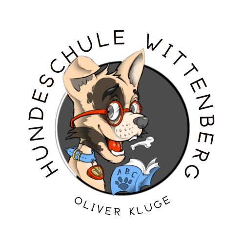 Anamnese- Erstgespräch Das Logo der Hundeschule Wittenberg zeigt einen Hund, der eine Brille trägt und mit einem Buch lernt.