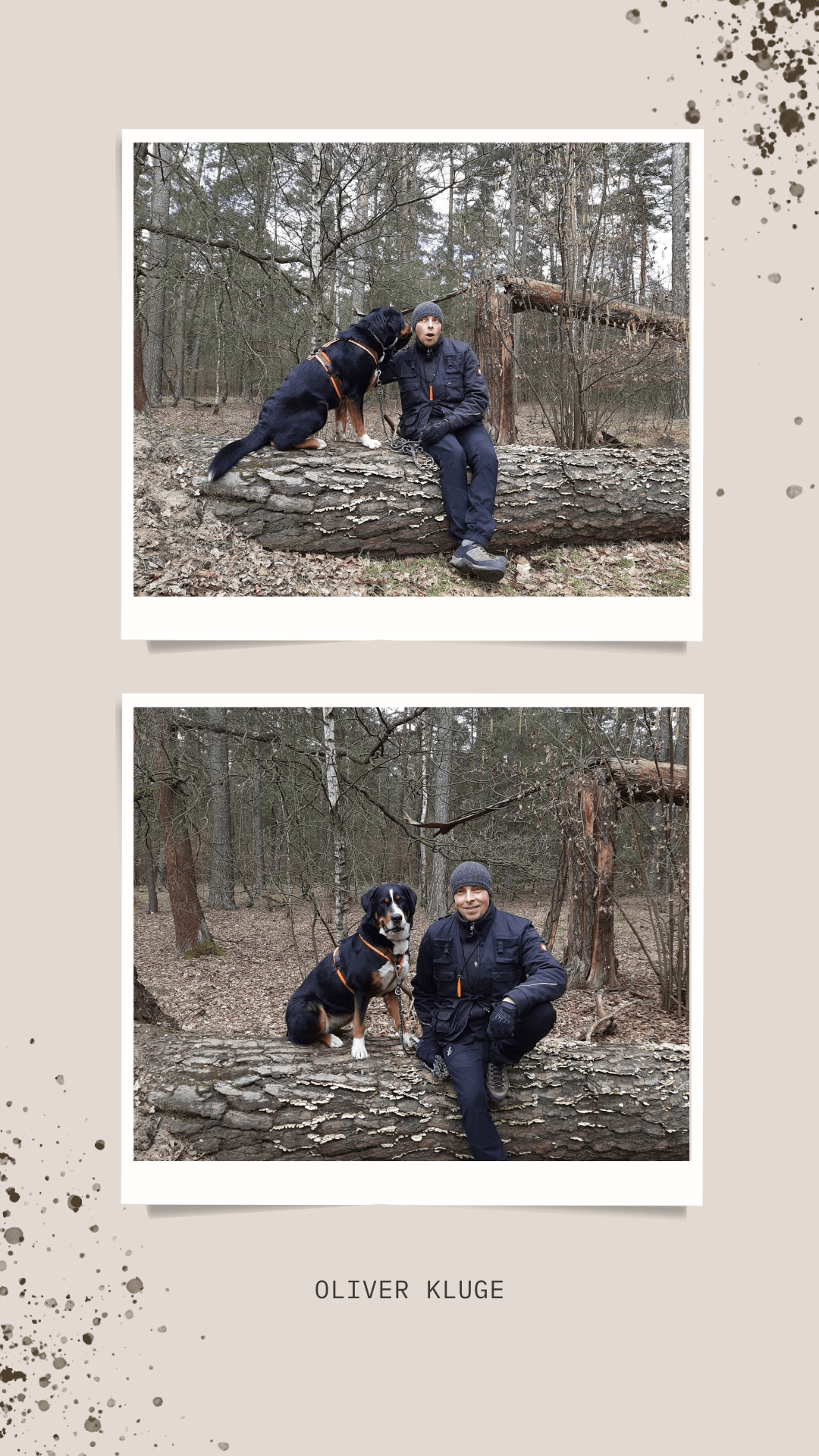 Oliver Kluge Ein Mann und ein Hund sitzen auf einem Baumstamm im Wald.
