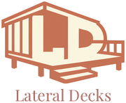 Stylized tan logo of a deck and porch with the words “Lateral Decks” below