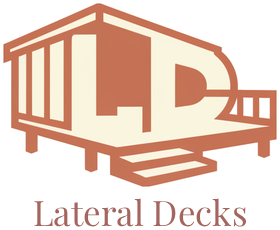 Stylized tan logo of a deck and porch with the words “Lateral Decks” below