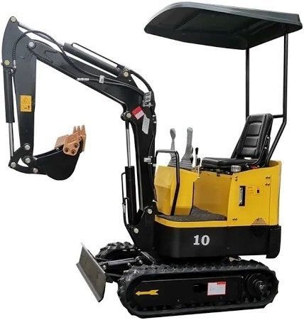 A small yellow and black excavator with a canopy on a white background