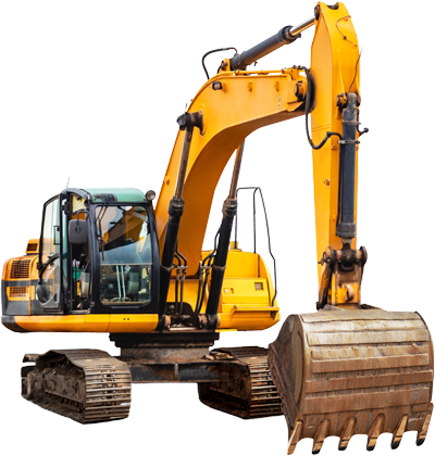 A yellow excavator with a large bucket on a white background