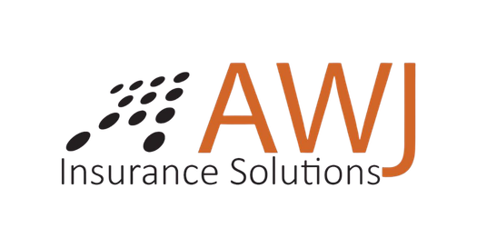 Logo for AWJ Insurance Solutions with a black dotted square icon next to the orange text 