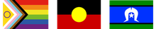 The Progress Pride flag, the Aboriginal flag, and the Torres Strait Islander flag displayed side by side.