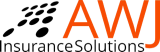 Logo for AWJ Insurance Solutions with a black dotted square icon next to the orange text 