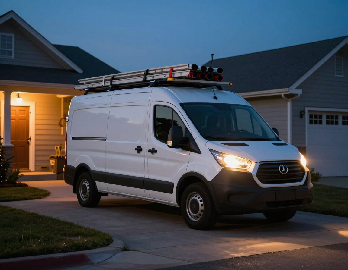Breakwater Electric service van parked in a driveway at dusk