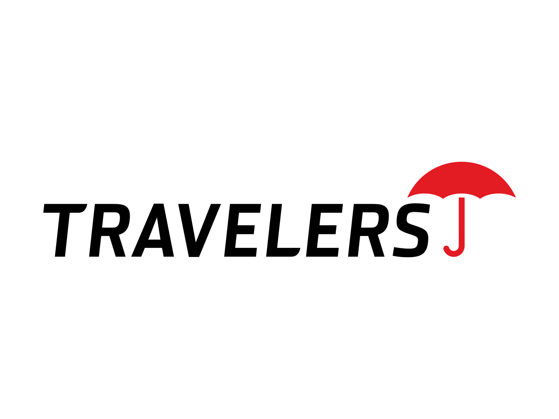 Travelers logo in black with a red umbrella over the final letter.