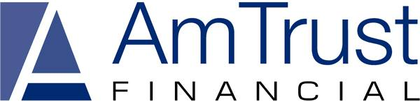 AmTrust Financial logo in blue and gray text with a stylized blue emblem