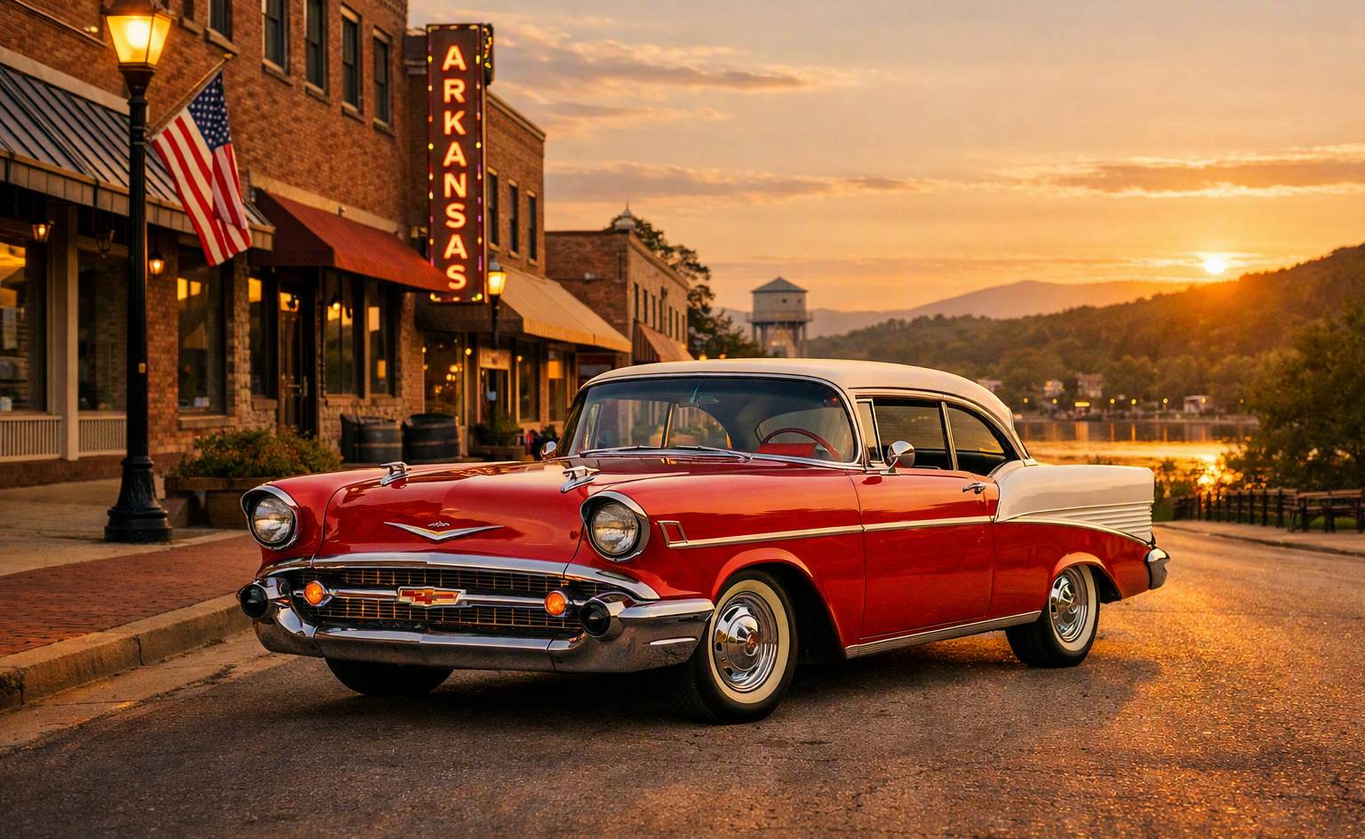 Row of shiny vintage hot rods in red, blue, and maroon parked outdoors.