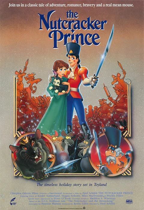 Poster for The Nutcracker Prince: The Nutcracker and Clara hold flowers, facing forward. Rats and soldiers surround them.