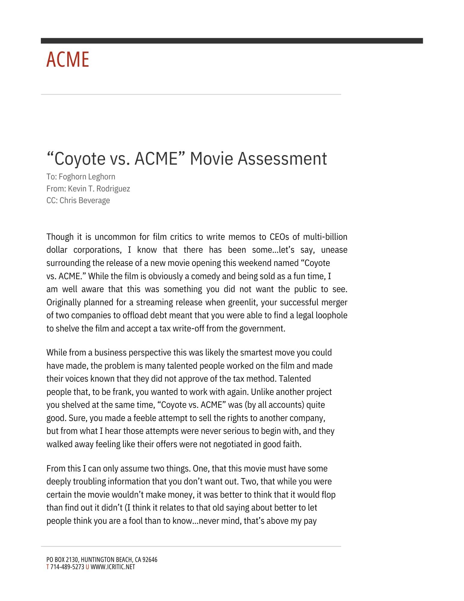 ACME document titled “Coyote vs. ACME” Movie Assessment with dense text on white page