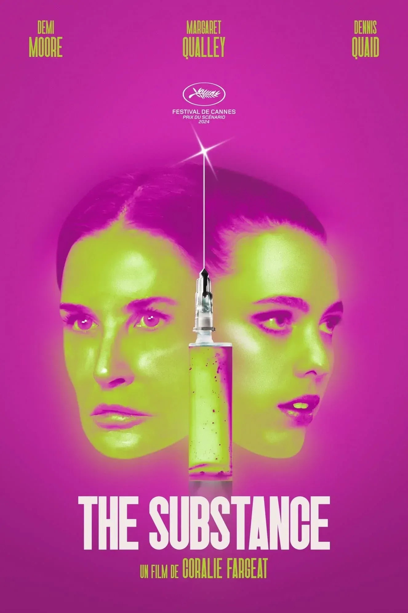 Movie poster: Two faces split by a syringe; one is older, the other younger, both in neon green over a magenta background.