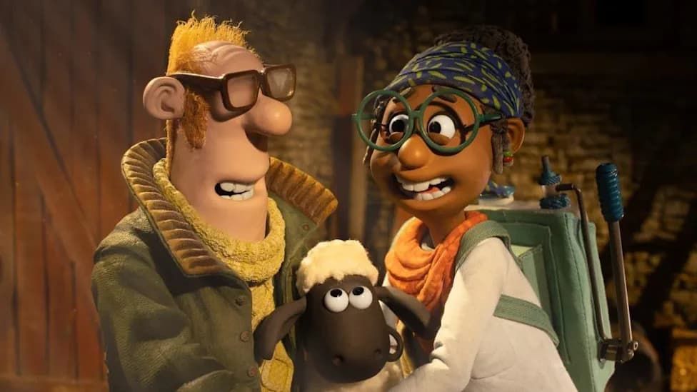 Animated couple smiling with a black sheep between them in a warmly lit indoor scene