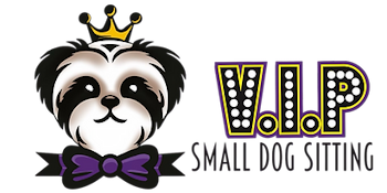 Dog wearing a crown and bow tie with “V.I.P Small Dog Sitting” text.