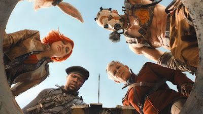 Characters in costume peer down from above into a circular opening.