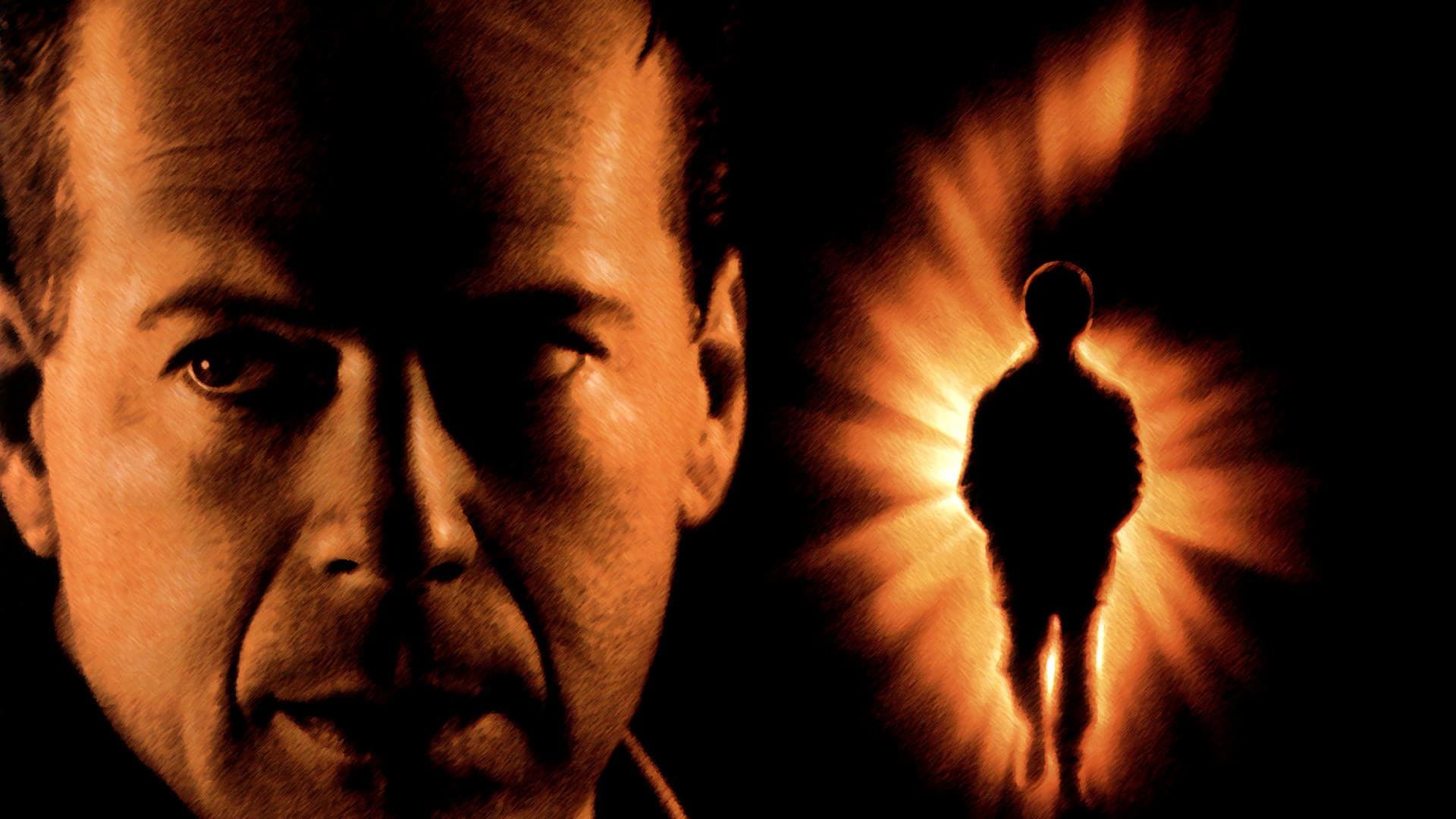 Close-up of a man’s face beside a glowing silhouetted figure on a dark orange background