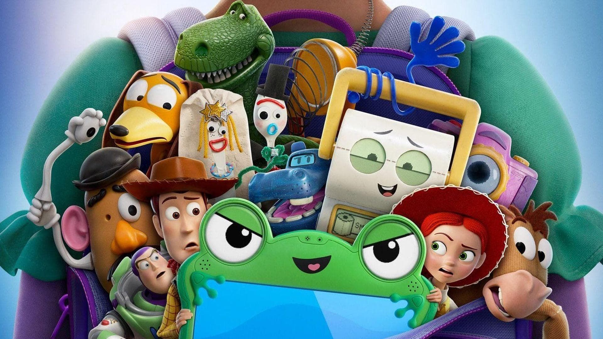 Animated characters crowded around a green frog in a blue box, with varied faces and bright colors.